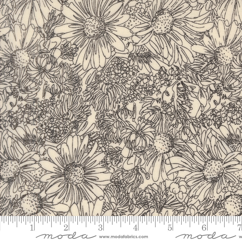 Ladybug Whimsy Eggshell Pen Ink Flowers Yardage by Gingiber for Moda Fabrics