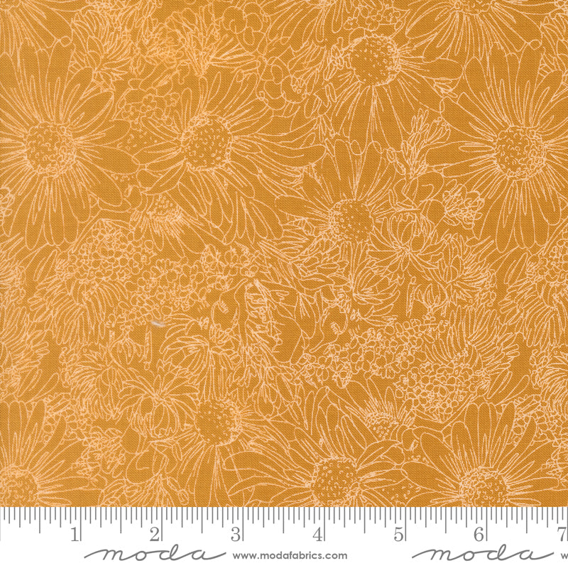 Ladybug Whimsy Golden Pen Ink Flowers Yardage by Gingiber for Moda Fabrics