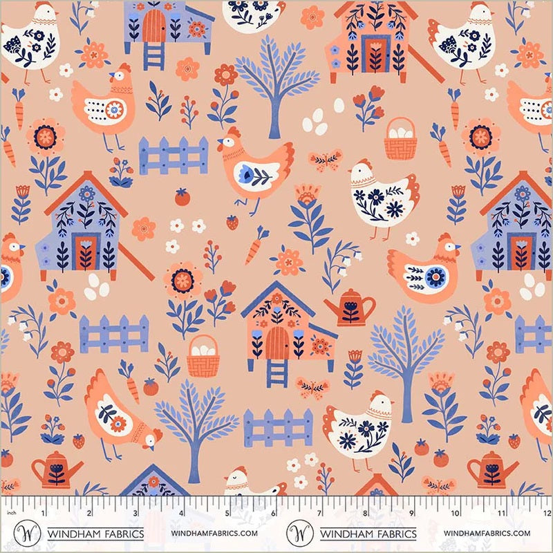 Folky Chicken Peach Chicken Co-op Yardage by Natalie Briscoe for Windham Fabrics