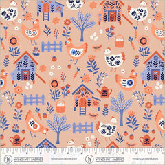 Folky Chicken Peach Chicken Co-op Yardage by Natalie Briscoe for Windham Fabrics