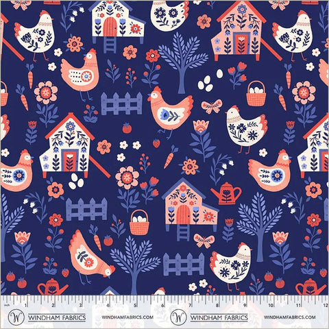 Folky Chicken Indigo Chicken Co-op Yardage by Natalie Briscoe for Windham Fabrics