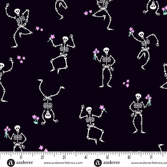 Ghostly Garden Black Skeleton Jig Yardage by KP Creates for Andover Fabrics