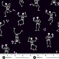 Ghostly Garden Black Skeleton Jig Yardage by KP Creates for Andover Fabrics
