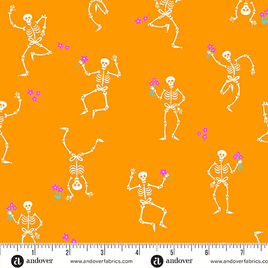 Ghostly Garden Orange Skeleton Jig Yardage by KP Creates for Andover Fabrics