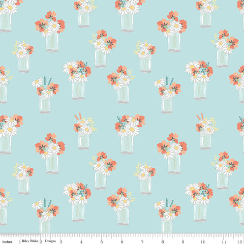Sunshine and Sweet Tea Aqua Mason Jar Bouquets Yardage by Amanda Castor for Riley Blake Designs