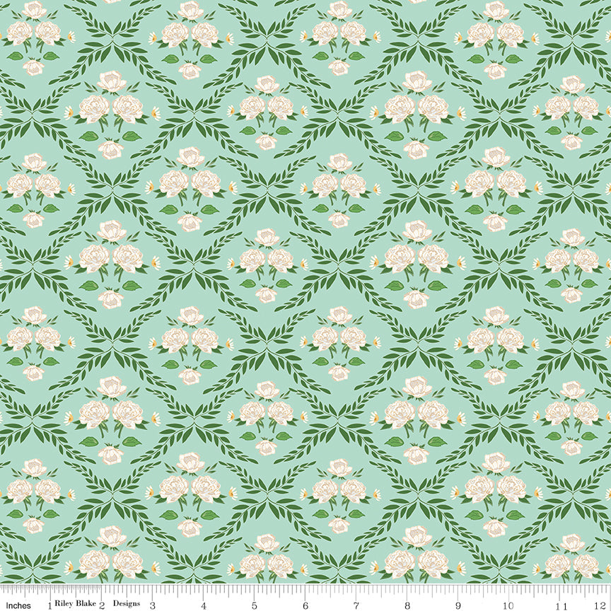 Correspondence Mint Trellis Damask Yardage by Beverly McCullough for Riley Blake Designs