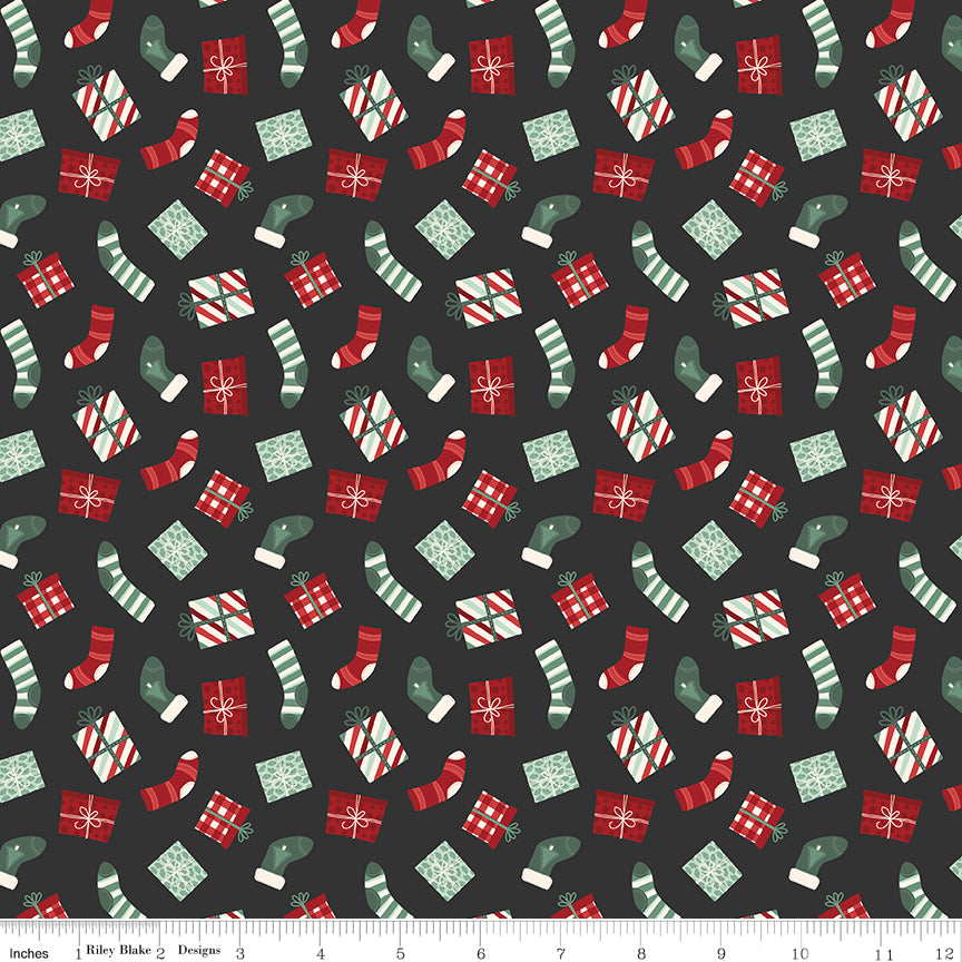 Evergreen Wishes Black Stockings & Gifts Yardage by Traci Reed for Riley Blake Designs