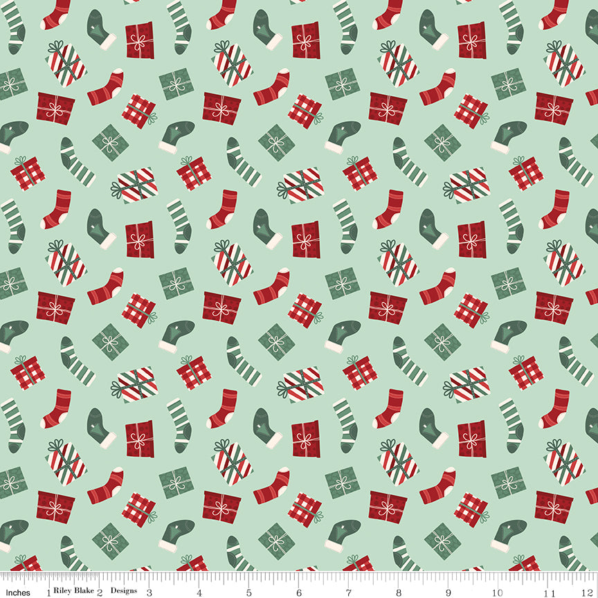 Evergreen Wishes Mint Stockings & Gifts Yardage by Traci Reed for Riley Blake Designs
