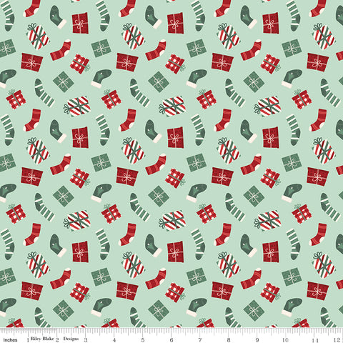 Evergreen Wishes Mint Stockings & Gifts Yardage by Traci Reed for Riley Blake Designs