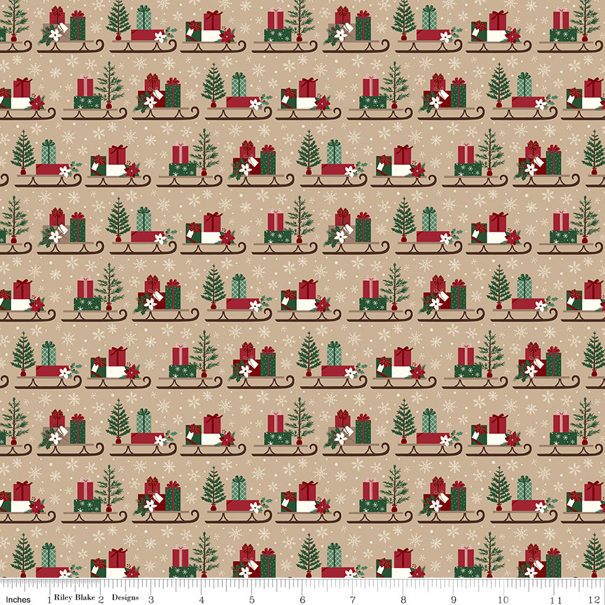 Christmas Time Tan Sleds Yardage by Dani Mogstad for Riley Blake Designs