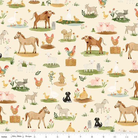 Lil' Farm Friends Cream Animals On The Farm Yardage by Kelsey Carlson for Riley Blake Designs
