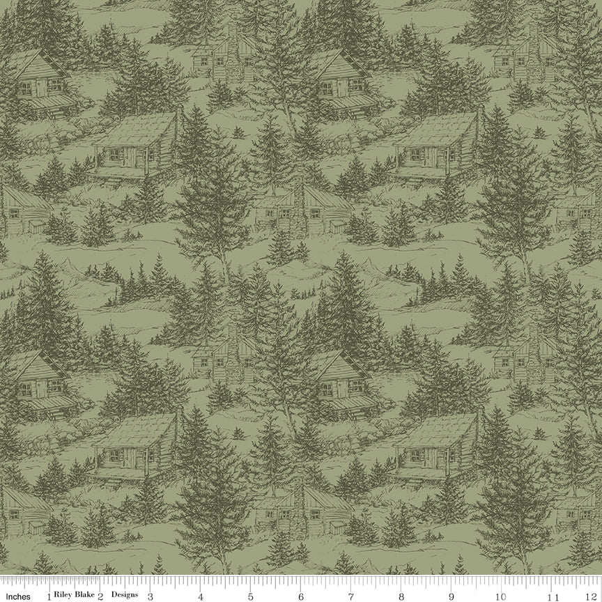 Whispering Pines Green Cabins Yardage by RBD Designers for Riley Blake Designs