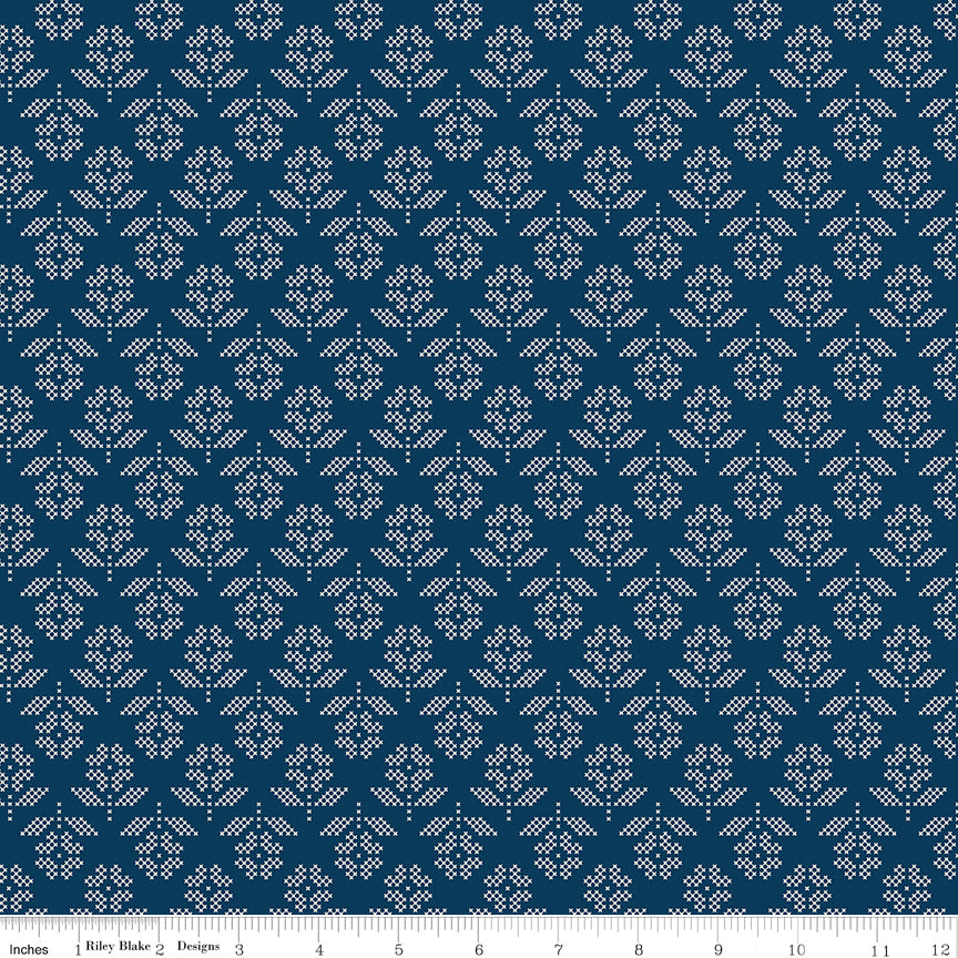 Denim & Daisy Oxford Blue Flowers Yardage by Lori Holt for Riley Blake Designs