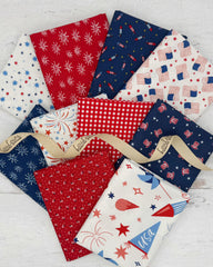 Collection of 10 fat quarters with red, white and navy backgrounds. All with patriotic prints. 