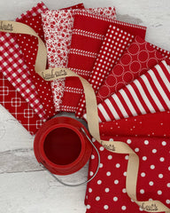 10 Classic red fat quarters with dots, geometrics, florals, stripes and ginghams. 