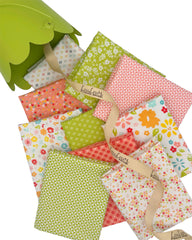 Bright, fun collection of 10 fat quarters in white, green and pink happy florals and geometrics. 