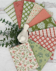 Collection of 10 garden themed fat quarters in soft greens, blush pinks, deep corals and creams. 