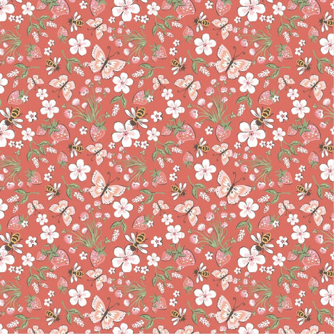 Homegrown Preserves Red Honeybee Meadow Yardage by Sheri McCulley for Poppie Cotton Fabrics