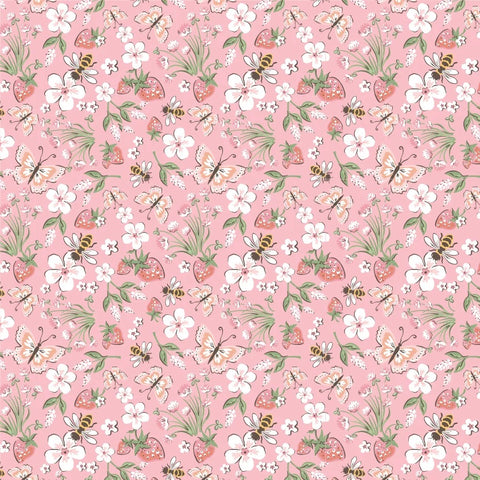 Homegrown Preserves Pink Honeybee Meadow Yardage by Sheri McCulley for Poppie Cotton Fabrics