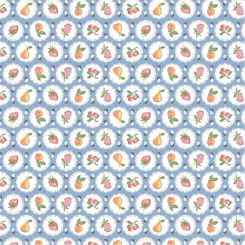 Homegrown Preserves Blue Fruit Plate Yardage by Sheri McCulley for Poppie Cotton Fabrics