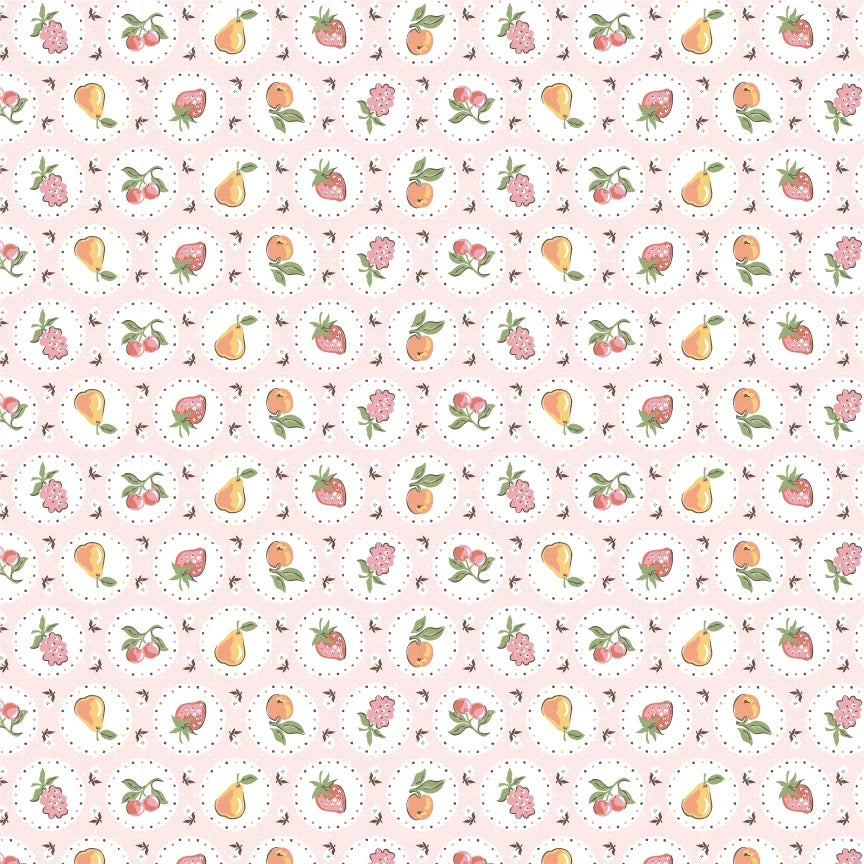 Homegrown Preserves Pink Fruit Plate Yardage by Sheri McCulley for Poppie Cotton Fabrics