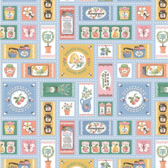 Homegrown Preserves Blue Farmer's Market Yardage by Sheri McCulley for Poppie Cotton Fabrics
