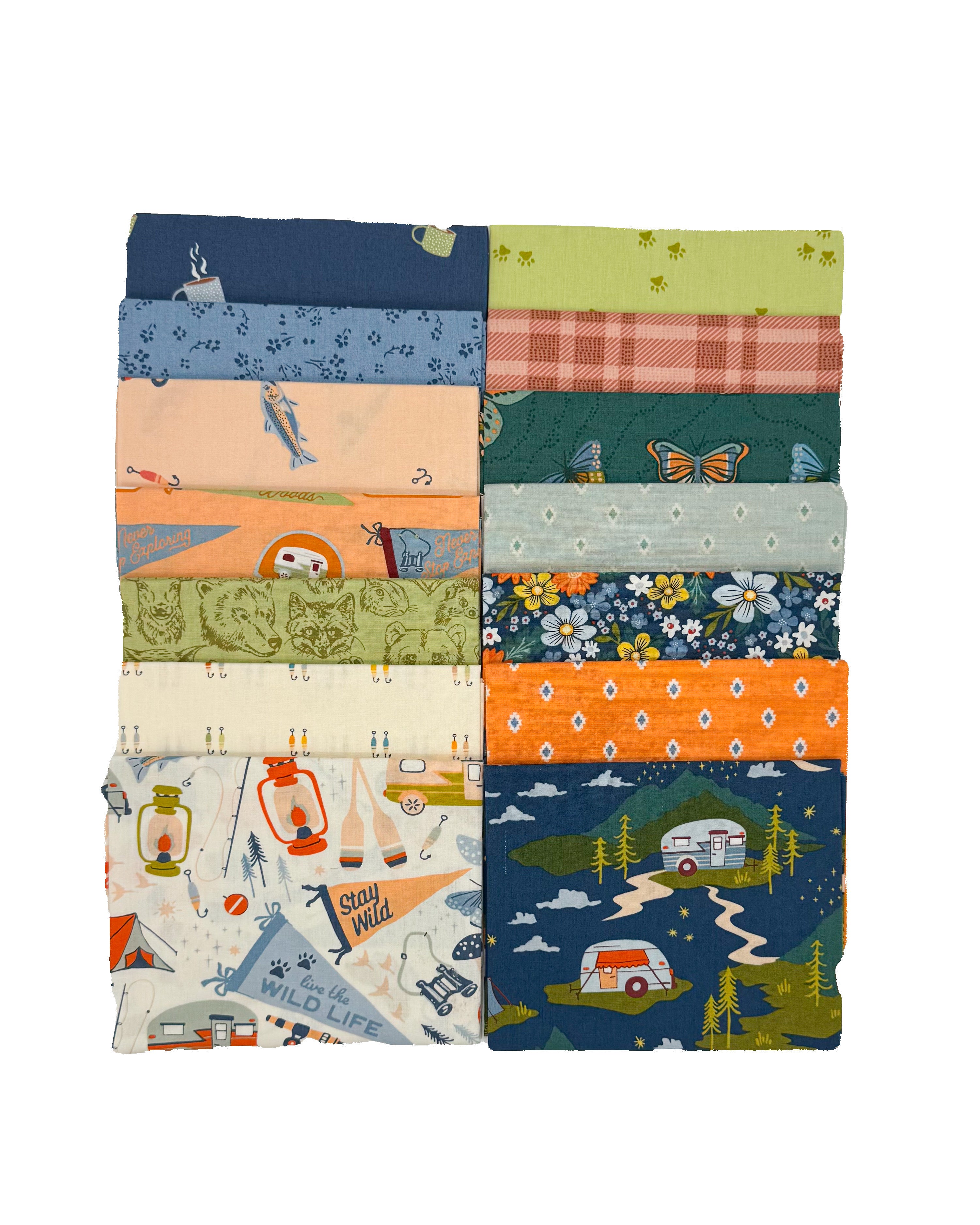 14 fat quarters in cream, navy, peach and green backgrounds with camping/fishing motifs. 