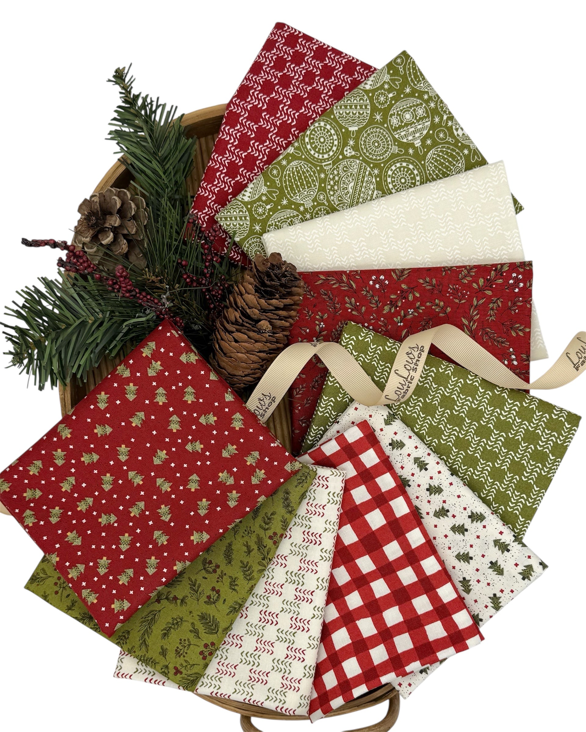 10 red, cream and green Christmas print fat quarters