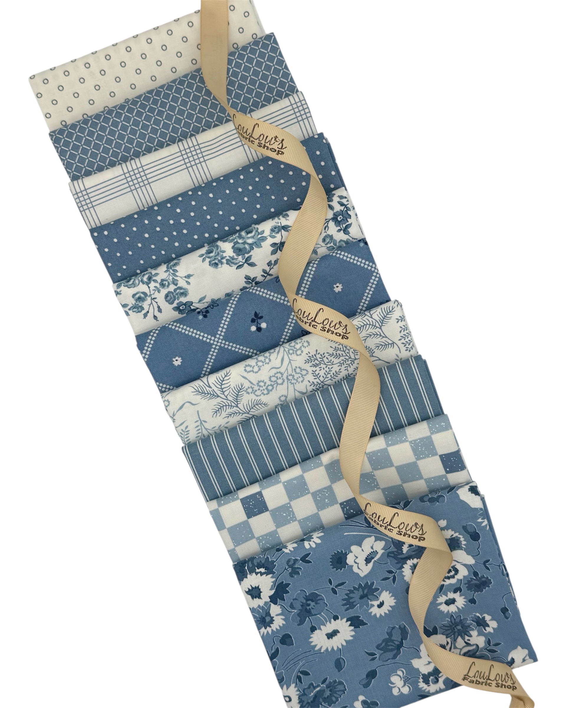 10 denim blue and off white fat quarters in checks, florals, geometrics and dot prints