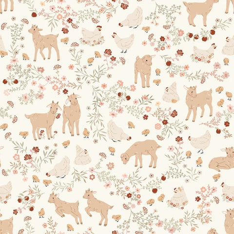 Primrose & Parsley White Barnyard Babies Yardage by Michal Marko for Poppie Cotton Fabrics