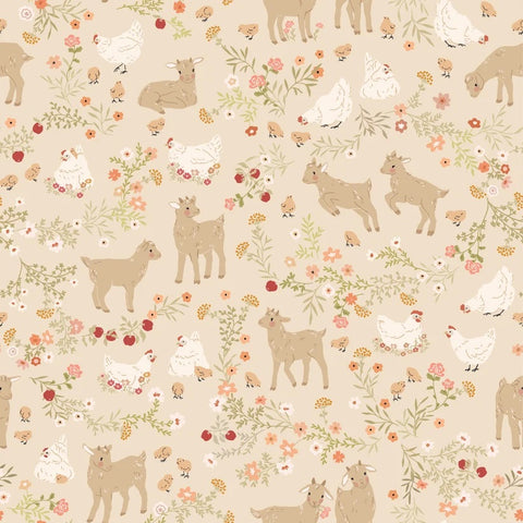 Primrose & Parsley Beige Barnyard Babies Yardage by Michal Marko for Poppie Cotton Fabrics