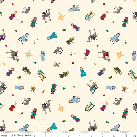 Silent Night Ivory Story Characters Sparkle Yardage by Jennifer Long for Riley Blake Designs