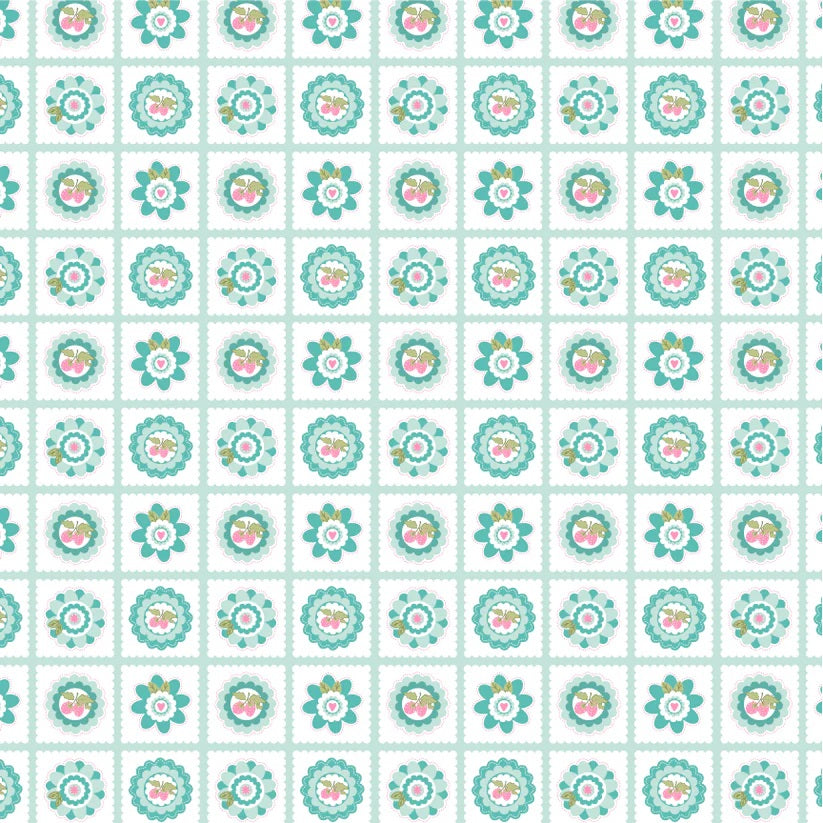 Smitten Chicken Aqua Petits Fours Yardage by Lori Woods for Poppie Cotton Fabrics