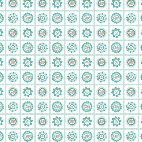 Smitten Chicken Aqua Petits Fours Yardage by Lori Woods for Poppie Cotton Fabrics