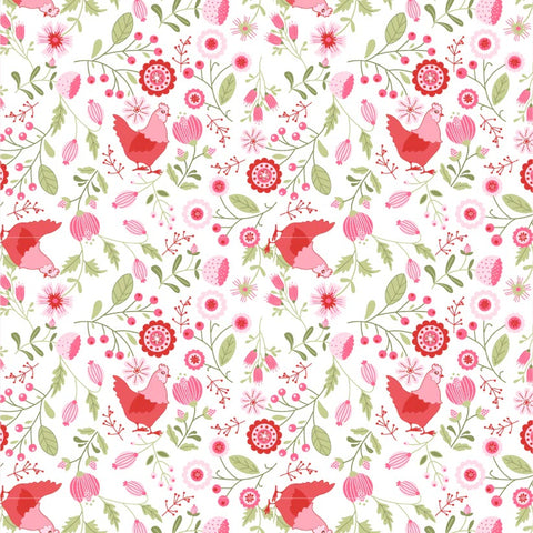 Smitten Chicken White Smitten Chicken Yardage by Lori Woods for Poppie Cotton Fabrics