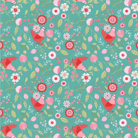 Smitten Chicken Aqua Smitten Chicken Yardage by Lori Woods for Poppie Cotton Fabrics