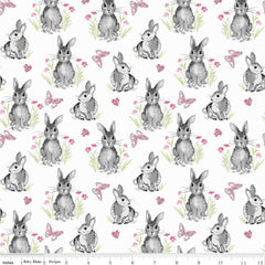 Novelty of the Month White Pretty Bunnies Yardage by RBD Designers for Riley Blake Designs