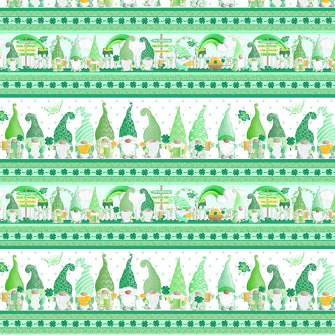 Luck Of The Gnomes White/Green Lucky Gnome Stripe Yardage by Andi Metz for Benartex