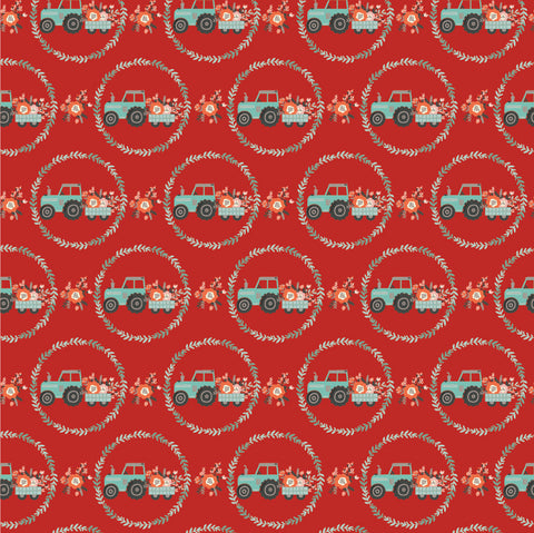 My Heart Belongs To My Farmer Red Tractor Pull Yardage by Lori Woods for Poppie Cotton Fabrics