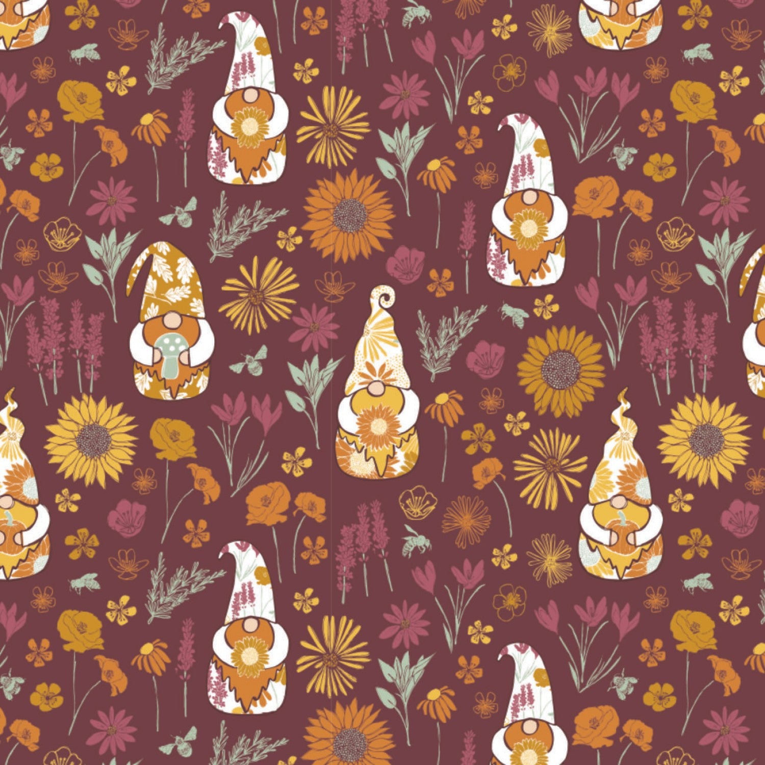 Harvest Time Plum Gnome Worry Be Happy yardage designed by Vicky Yorke for Camelot Fabrics
