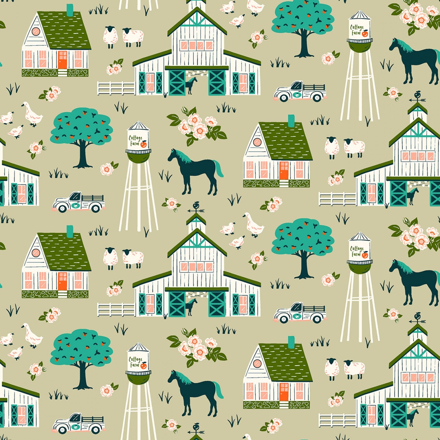 Cottage Farm Natural Cottage Farm Vignette Yardage by Judy Jarvi for Windham Fabrics