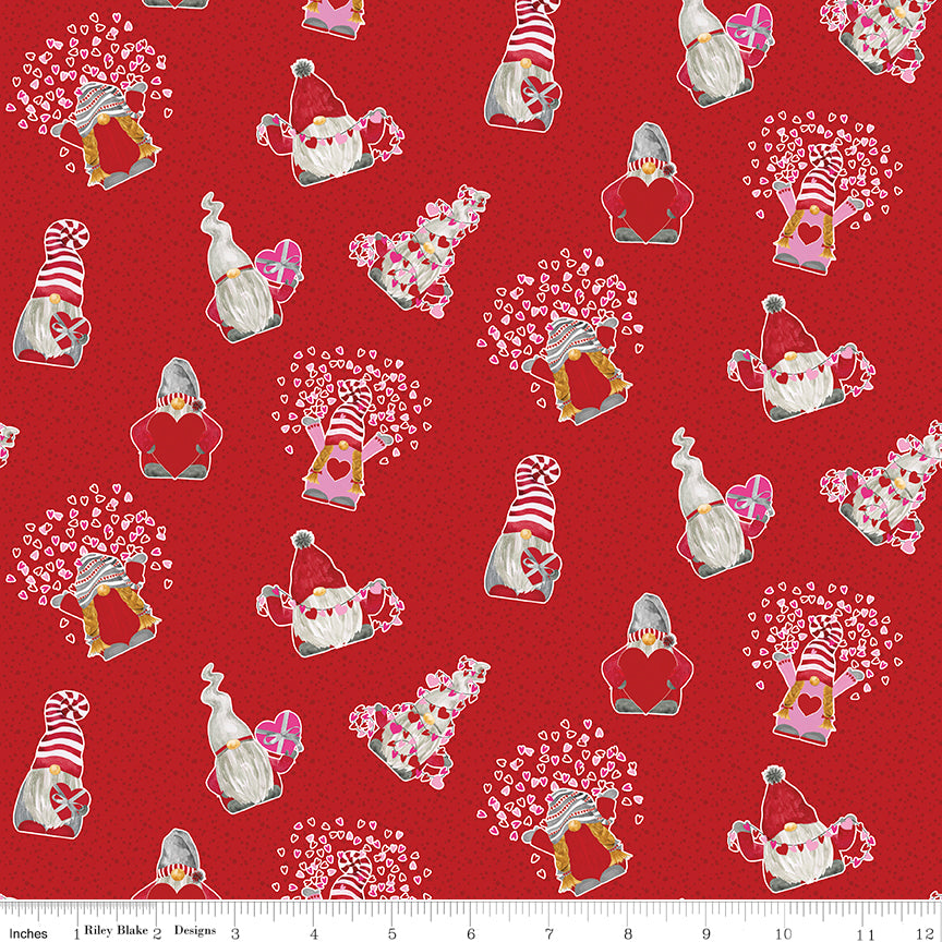 Gnomes In Love Red Toss Yardage by Tara Reed for Riley Blake Designs