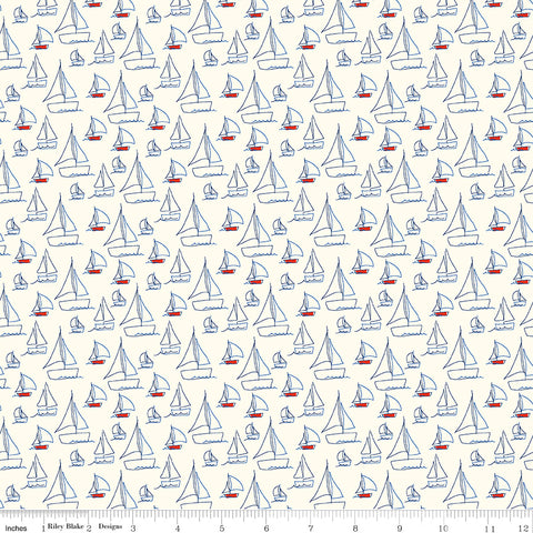 Red White & Bang! Cream Sailboats Yardage by Sandy Gervais for Riley Blake Designs
