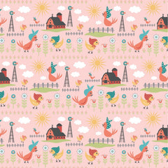 Chick-A-Doodle Doo Pink Rise and Shine Yardage by Lori Woods for Poppie Cotton Fabrics