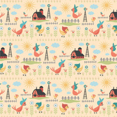 Chick-A-Doodle Doo Yellow Rise and Shine Yardage by Lori Woods for Poppie Cotton Fabrics
