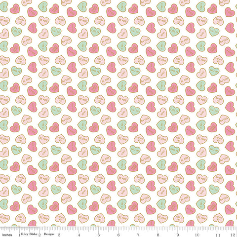 Mint For You White Sparkle Conversation Hearts Yardage by Melissa Mortenson for Riley Blake Designs