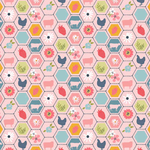 Sunshine And Chamomile Pink Strawberry Patch Yardage by Lori Woods for Poppie Cotton Fabrics