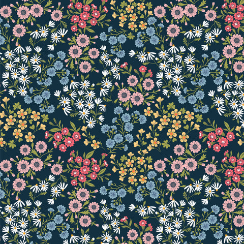 Sunshine And Chamomile Navy Sunshine Bouquet Yardage by Lori Woods for Poppie Cotton Fabrics